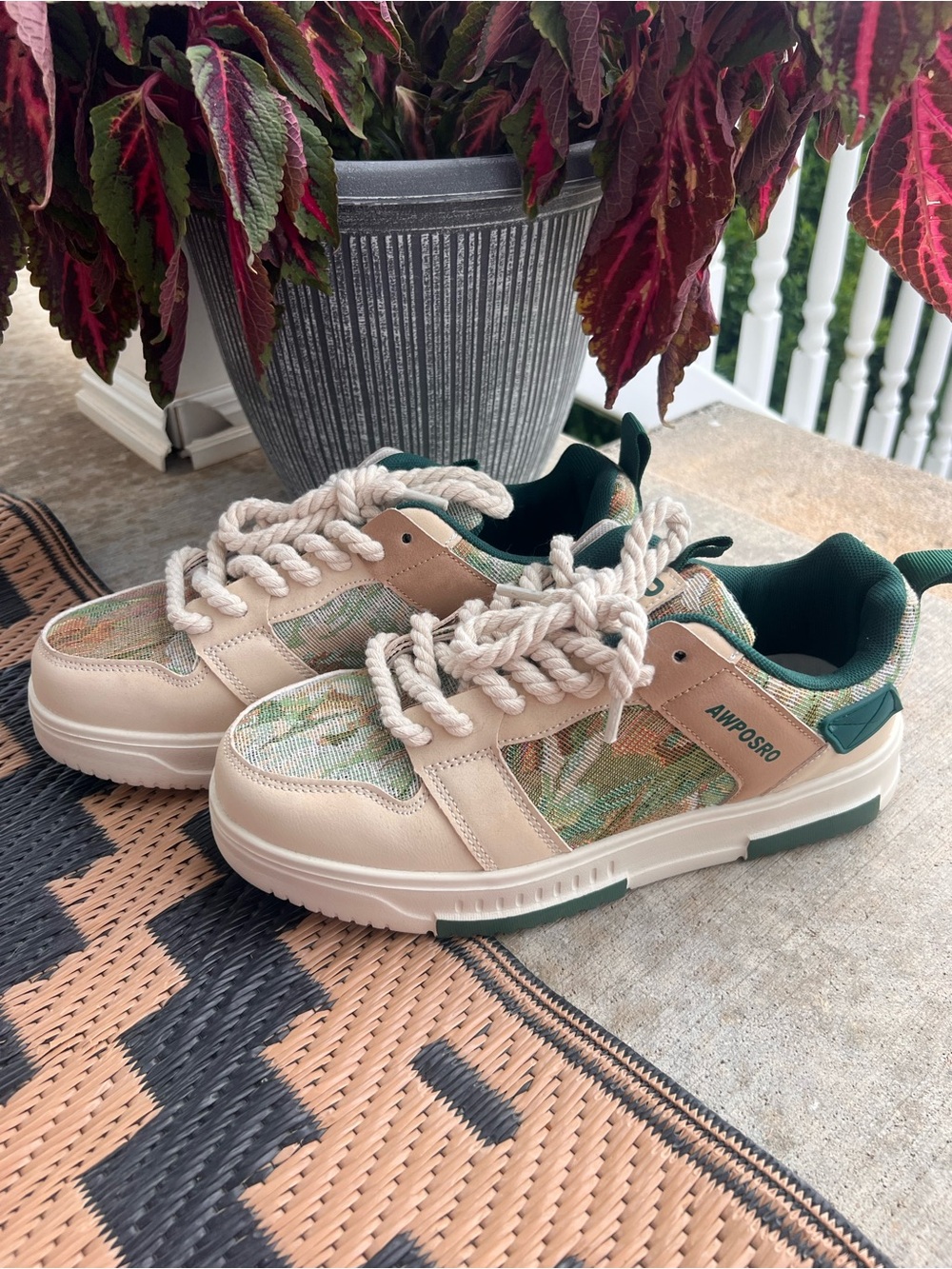 Beige & Green Low-Top Sneakers